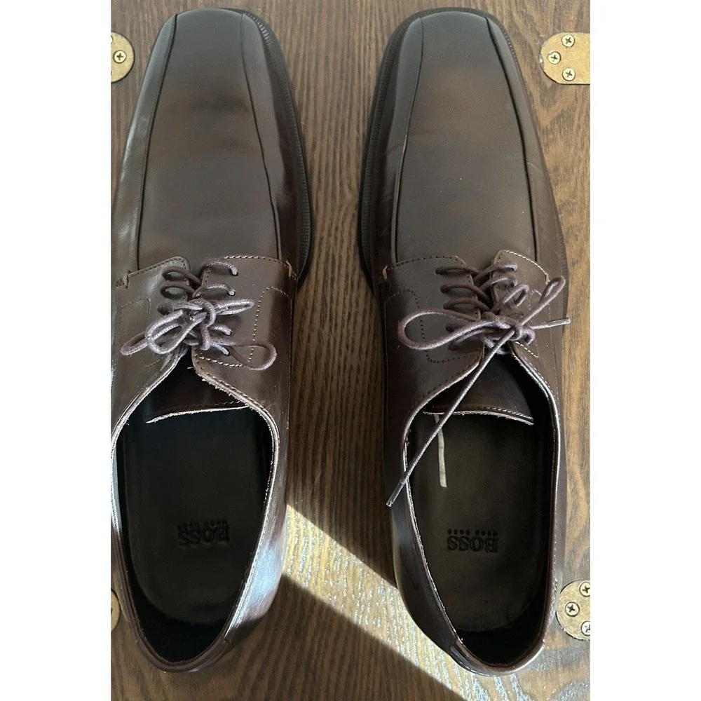 Boss Hugo Boss Men's Brown Leather‎ Lace Up Dress Shoes Sz 9 Square Toe